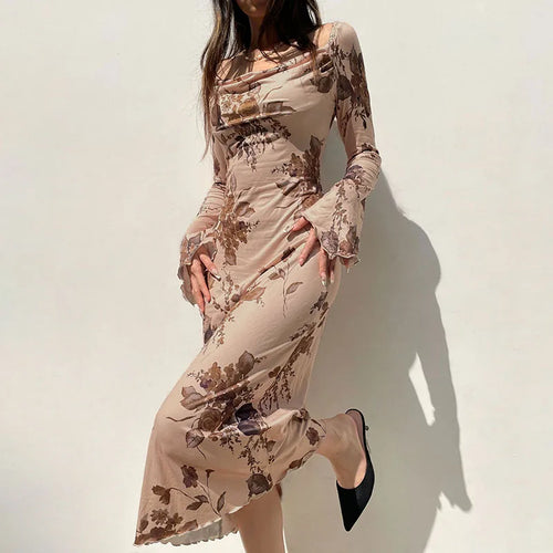 Load image into Gallery viewer, Vintage Fashion Square Neck Long Dress Female Y2K Flowers Printed Elegant Autumn Dress 2000s Aesthetic Party Clothing
