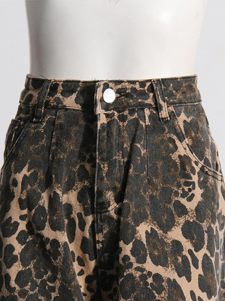 Leopard printing Hollow out Loose Full Length pants for Women  High Waist patchwork pocket casual wide leg Jeans Female