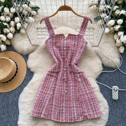 Load image into Gallery viewer, Retro 2024 Autumn Winter New Pink Plaid Woolen Sleeveless Mini Slip Dress Women's Black Button Elegant Short Tweed Dress Popular
