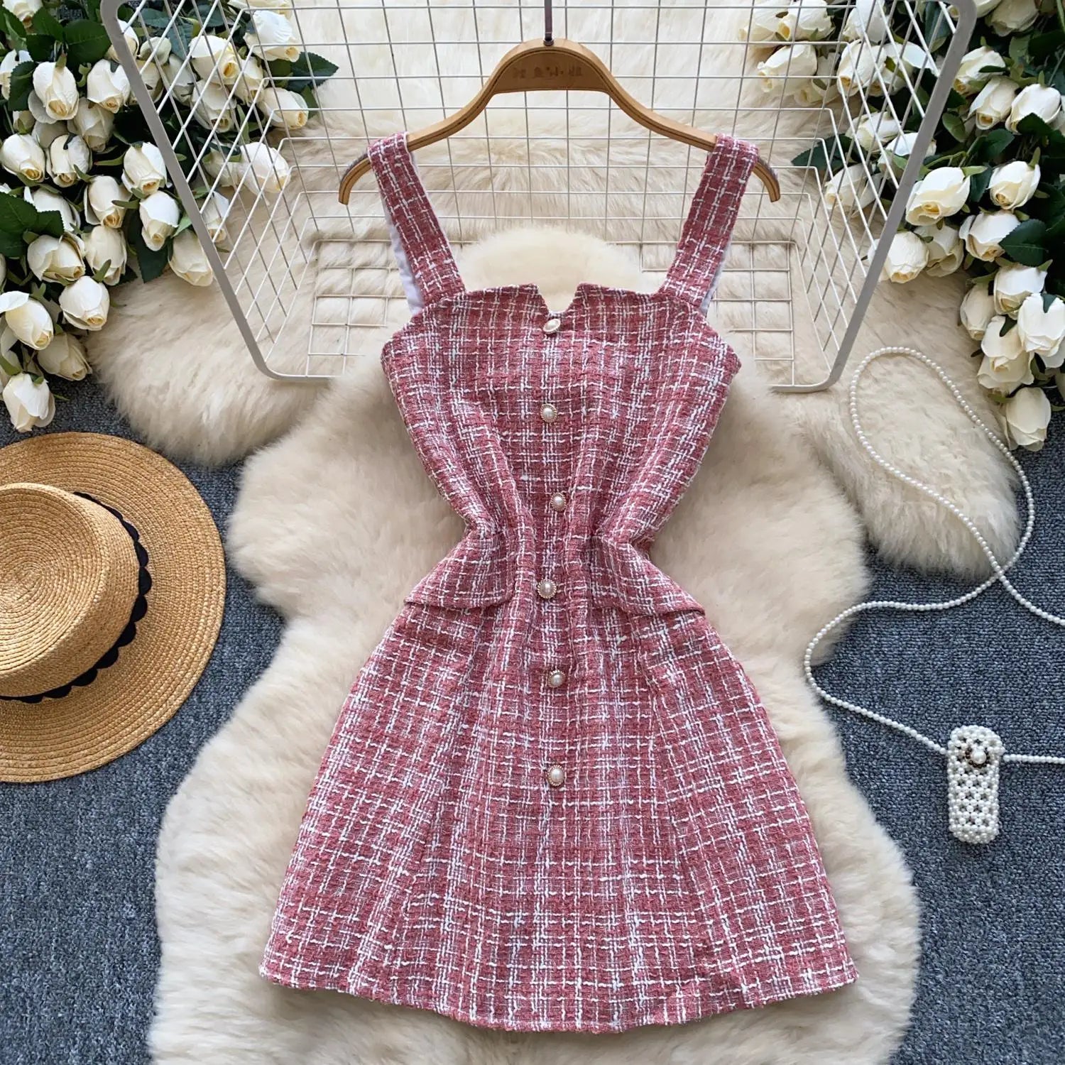 Retro 2024 Autumn Winter New Pink Plaid Woolen Sleeveless Mini Slip Dress Women's Black Button Elegant Short Tweed Dress Popular
