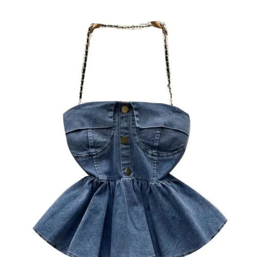 Load image into Gallery viewer, Women Blue Gray Sexy Club Vacation Denim Slim Short Halter Tops Summer Black Backless Ruffle Edge Party Jean Vest Streetwear New
