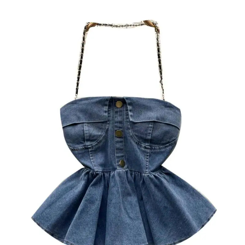 Women Blue Gray Sexy Club Vacation Denim Slim Short Halter Tops Summer Black Backless Ruffle Edge Party Jean Vest Streetwear New