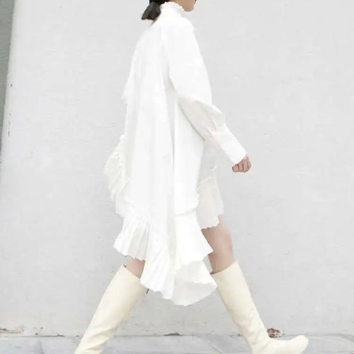 Load image into Gallery viewer, Women Black Pleated Irregular Casual Shirt Dress New Stand Collar Long Sleeve Loose Fit Fashion Spring Autumn 2025 1DF4825
