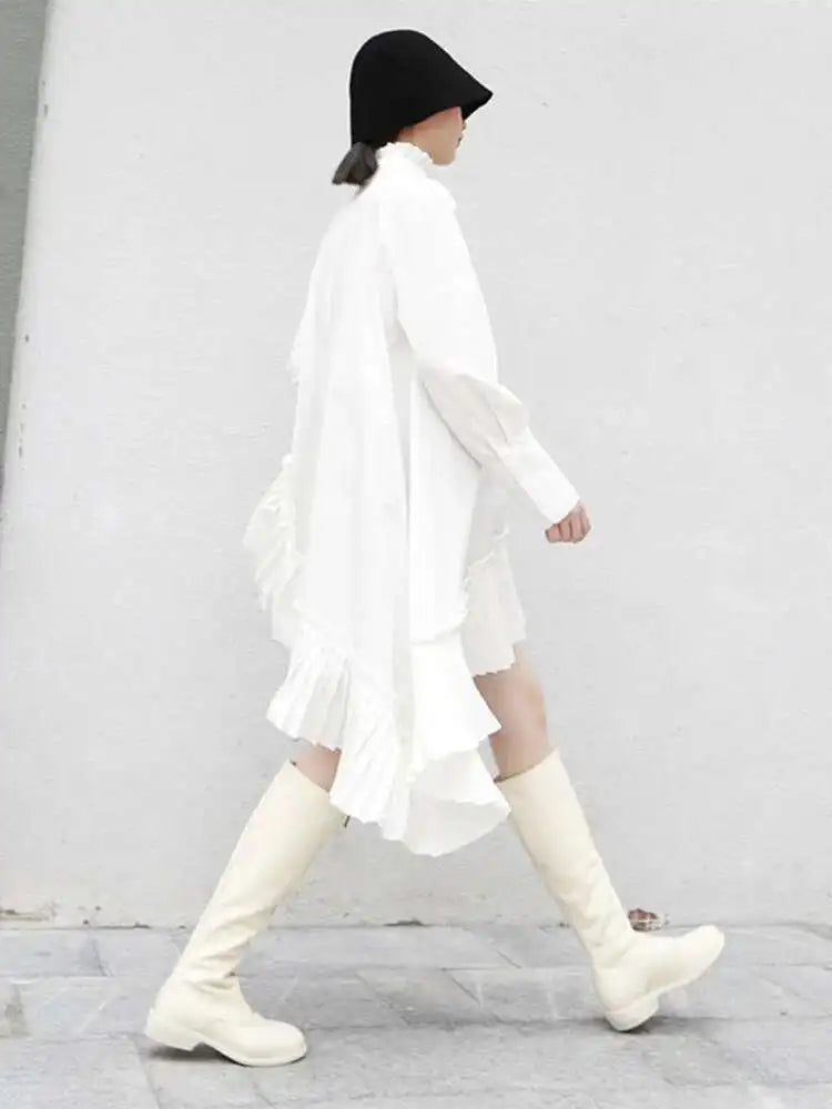 Women Black Pleated Irregular Casual Shirt Dress New Stand Collar Long Sleeve Loose Fit Fashion Spring Autumn 2025 1DF4825