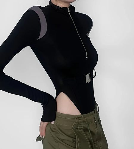 Streetwear Zipper Autumn Bodysuit Female Spliced Buckle Long Sleeve Body Moto&Biker Style Jumpsuit Long Sleeve Shirts