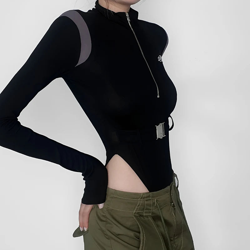 Streetwear Zipper Autumn Bodysuit Female Spliced Buckle Long Sleeve Body Moto&Biker Style Jumpsuit Long Sleeve Shirts