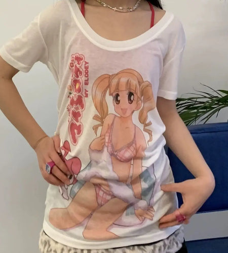 Sweet Shirts for Women Japanese T-shirts Chic Anime Print Tees Short Sleeve O-neck Tunic Tshirts Casual Summer Thin Y2k T Shirt