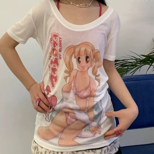 Load image into Gallery viewer, Sweet Shirts for Women Japanese T-shirts Chic Anime Print Tees Short Sleeve O-neck Tunic Tshirts Casual Summer Thin Y2k T Shirt
