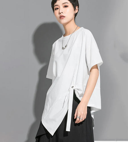 Women White Irregular Pleated Big Size Casual T-shirt New Round Neck Short Sleeve Fashion Tide Spring Summer 2025 1DJ1750