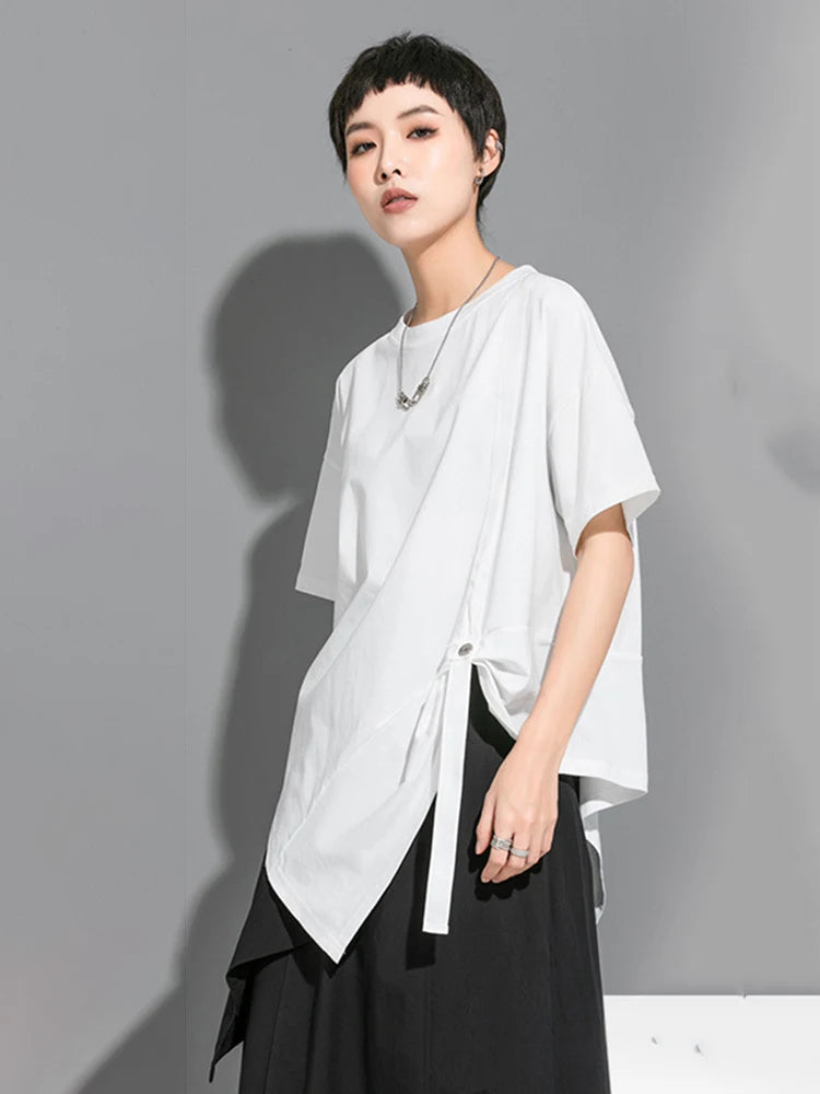 Women White Irregular Pleated Big Size Casual T-shirt New Round Neck Short Sleeve Fashion Tide Spring Summer 2025 1DJ1750