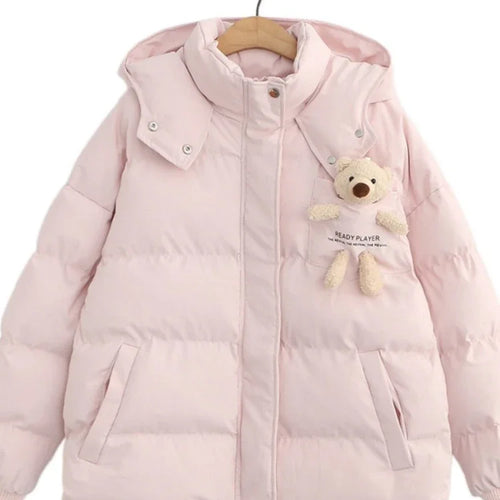 Load image into Gallery viewer, Pink Cartoon Bear Appliques Jacket Parka Women Winter Hooded Coat Warm Casual Parkas Long Sleeve Cotton Liner Thick Outwear
