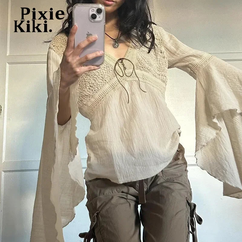 Fairy Gurnge Y2k Western Shirts Woman Flared Long Sleeve V Neck Tops Vintage Boho Earthy Hippie Clothes P67-DC15