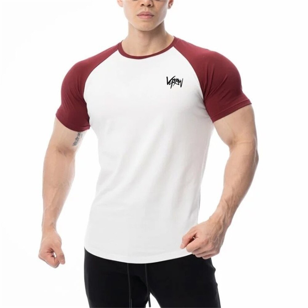 White Cotton Bodybuilding T-shirt Men Short Sleeve Casual Skinny Tees Tops Male Summer Gym Fitness Training Patchwork Clothing