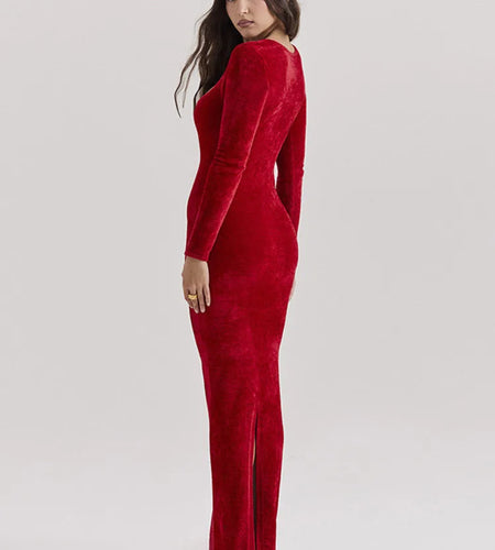 Velvet Long Sleeve Sexy Maxi Dress For Women Elegant V Neck Back Slit Bodycon Sexy Club Party Dress Clubwear Dresses