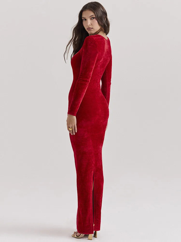 Velvet Long Sleeve Sexy Maxi Dress For Women Elegant V Neck Back Slit Bodycon Sexy Club Party Dress Clubwear Dresses