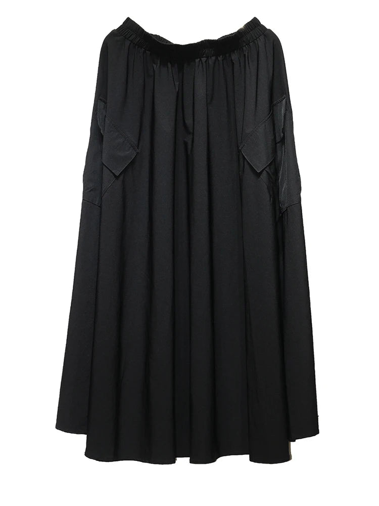 High Elastic Waist Black Pocket Casual Long A-line Half-body Skirt Women Fashion Tide New Spring Autumn 2025 1DJ1341