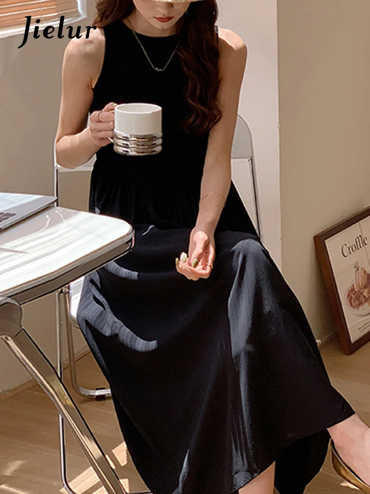 Solid Color Slim Casual Women's Dresses Black Sleeveless O-neck Summer Fashion Dress Party Club Hepburn Style Tank Dress