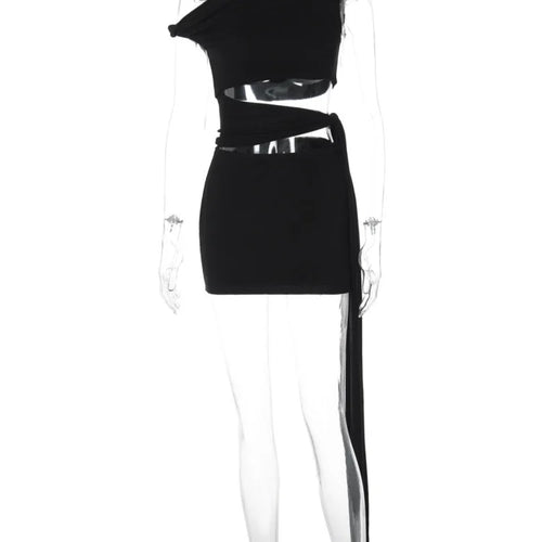 Load image into Gallery viewer, Hollow Out Oblique Shoulder Sexy Mini Dress For Women Robe Summer Black Sleeveless Backless Draped Skinny Club Dress
