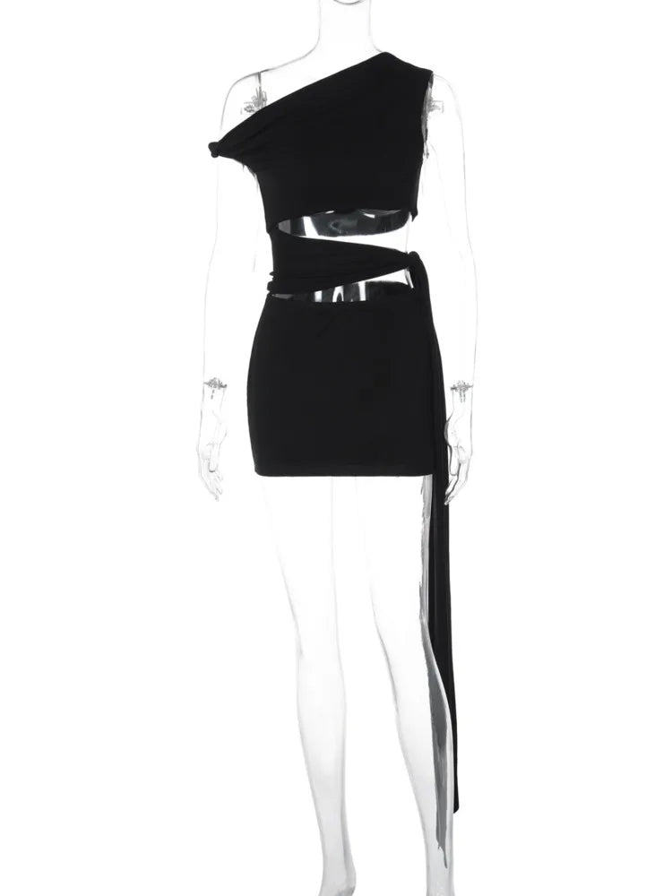 Hollow Out Oblique Shoulder Sexy Mini Dress For Women Robe Summer Black Sleeveless Backless Draped Skinny Club Dress