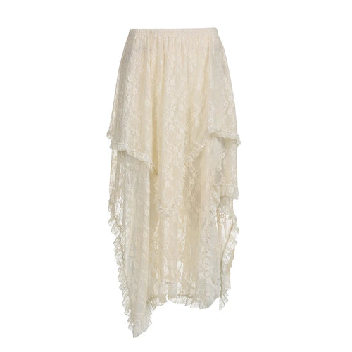 Load image into Gallery viewer, Vintage Boho Frills Y2K Low Rise Lace Skirt Female Fashion Irregular Ruffles Ruched Summer Long Skirt Transparent
