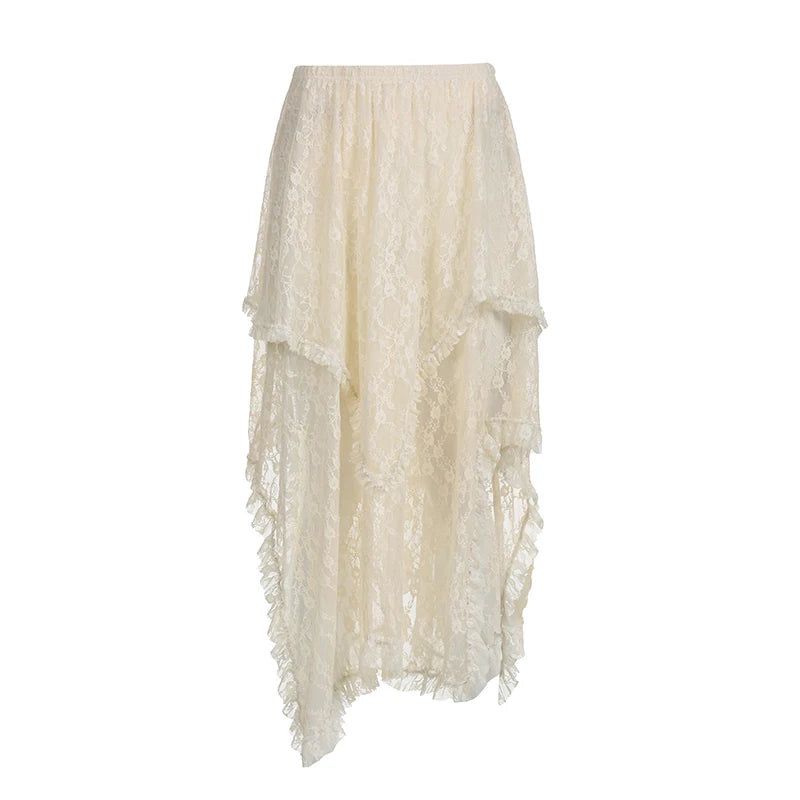 Vintage Boho Frills Y2K Low Rise Lace Skirt Female Fashion Irregular Ruffles Ruched Summer Long Skirt Transparent