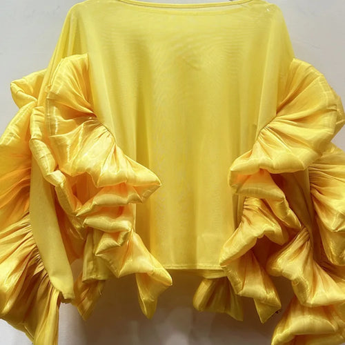 Load image into Gallery viewer, Women White Mesh Perspective Ruffles Big Size T-shirt New Round Neck Long Sleeve Fashion Tide Spring Autumn 2025 1DJ0036
