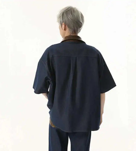 Niche Design Men's Sets PU Leather Patchwork Single Breasted Lapel Shirts Contrast Color Loose Male Pants Fashion 9W1102