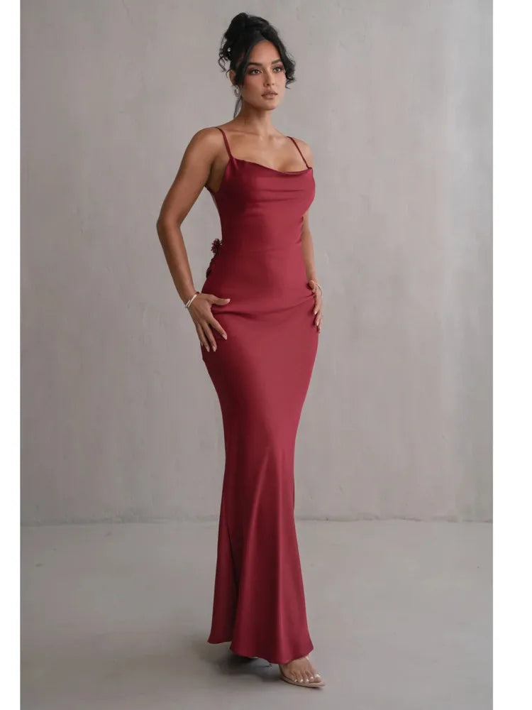 Elegant Sleeveless Flower Shoulder Strap Backless Bodycon Dress Women Sexy Slim Maxi Vesidos Temperament Party Evening