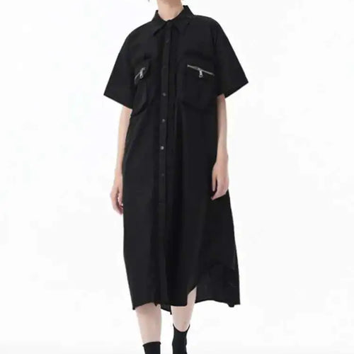 Load image into Gallery viewer, Women White Mesh Color-block Big Size Midi Shirt Dress New Lapel Short Sleeve Fashion Tide Spring Summer 2025 1DJ0003
