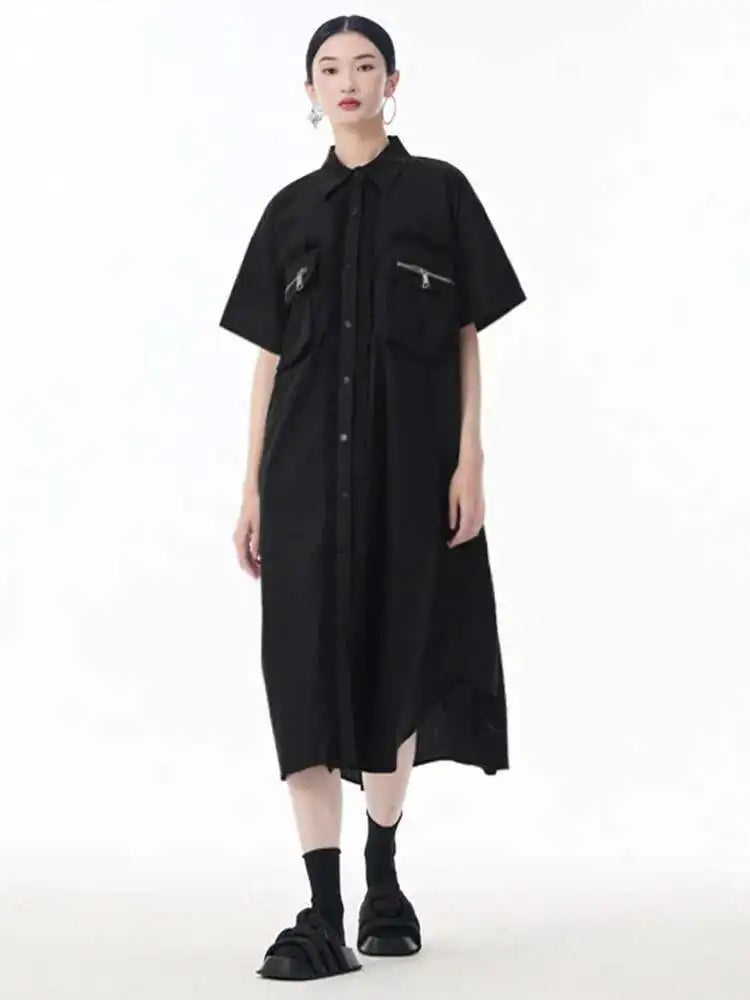 Women White Mesh Color-block Big Size Midi Shirt Dress New Lapel Short Sleeve Fashion Tide Spring Summer 2025 1DJ0003