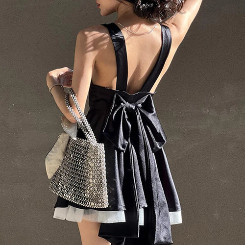 Load image into Gallery viewer, Korean Fashion Backless Black Tie-Up Bow Summer Dress Women Mesh Spliced Sweet A-Line Sleeveless Sundress Chic French
