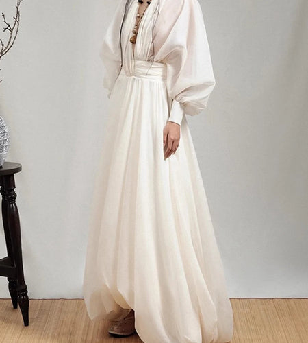 Loose Sheer Spliced Folds Sexy Dresses for Women V Neck Long Sleeves High Waist Fashion Dress Female Clothing New