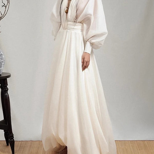 Load image into Gallery viewer, Loose Sheer Spliced Folds Sexy Dresses for Women V Neck Long Sleeves High Waist Fashion Dress Female Clothing New
