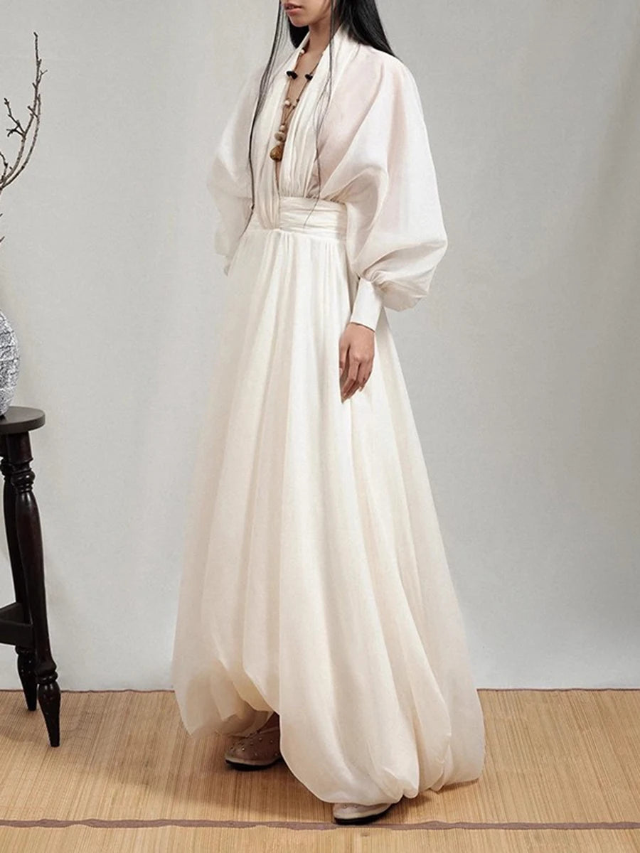 Loose Sheer Spliced Folds Sexy Dresses for Women V Neck Long Sleeves High Waist Fashion Dress Female Clothing New