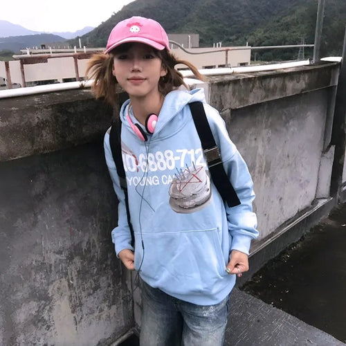 Load image into Gallery viewer, Japanese Y2k Blue Hoodies Vintage 2000s Style Sweatshirts Harajuku Aesthetics Letter Print Hooded Tops American Retro
