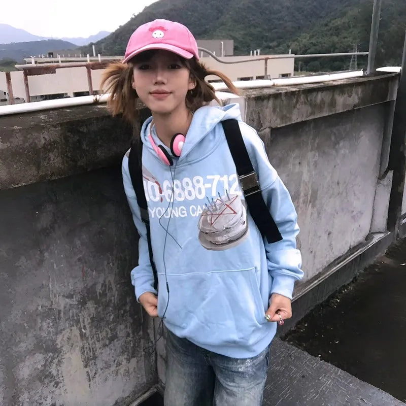Japanese Y2k Blue Hoodies Vintage 2000s Style Sweatshirts Harajuku Aesthetics Letter Print Hooded Tops American Retro