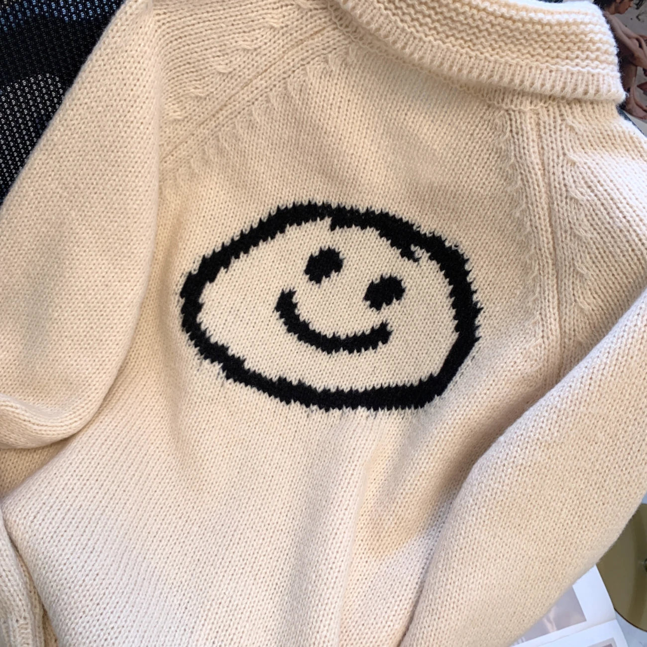 Korean Beige Smiling Face Patchwork Zipper Sweater Women's 2024 Autumn Winter New Long Sleeve Cardigan Knit Tops Fashion Popular