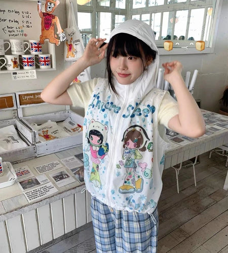 Y2k Aesthetic Cartoon Print Vest Hooded Coats Women Harajuku Casual Sleeveless Jacket Streetwear Drawstring Kawaii Cute Tops
