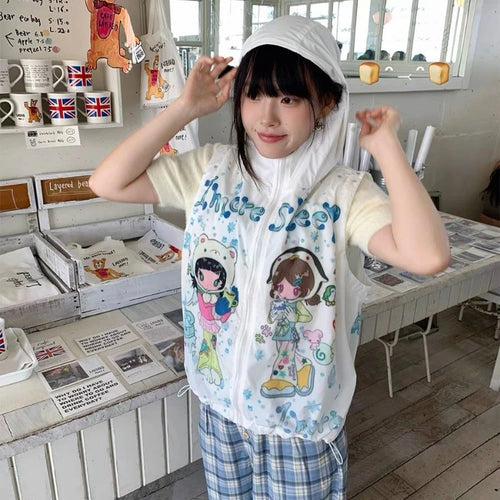Load image into Gallery viewer, Y2k Aesthetic Cartoon Print Vest Hooded Coats Women Harajuku Casual Sleeveless Jacket Streetwear Drawstring Kawaii Cute Tops
