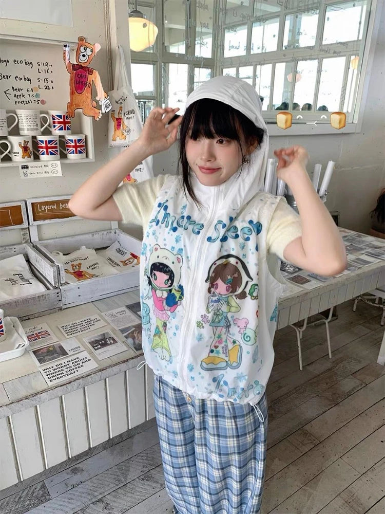 Y2k Aesthetic Cartoon Print Vest Hooded Coats Women Harajuku Casual Sleeveless Jacket Streetwear Drawstring Kawaii Cute Tops