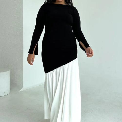 Load image into Gallery viewer, Fashion Long Sleeved Patchwork Bodycon Women Dress Round Neck Slim Elastic Autumn Winter New 2024 Pleated Maxi Vestido
