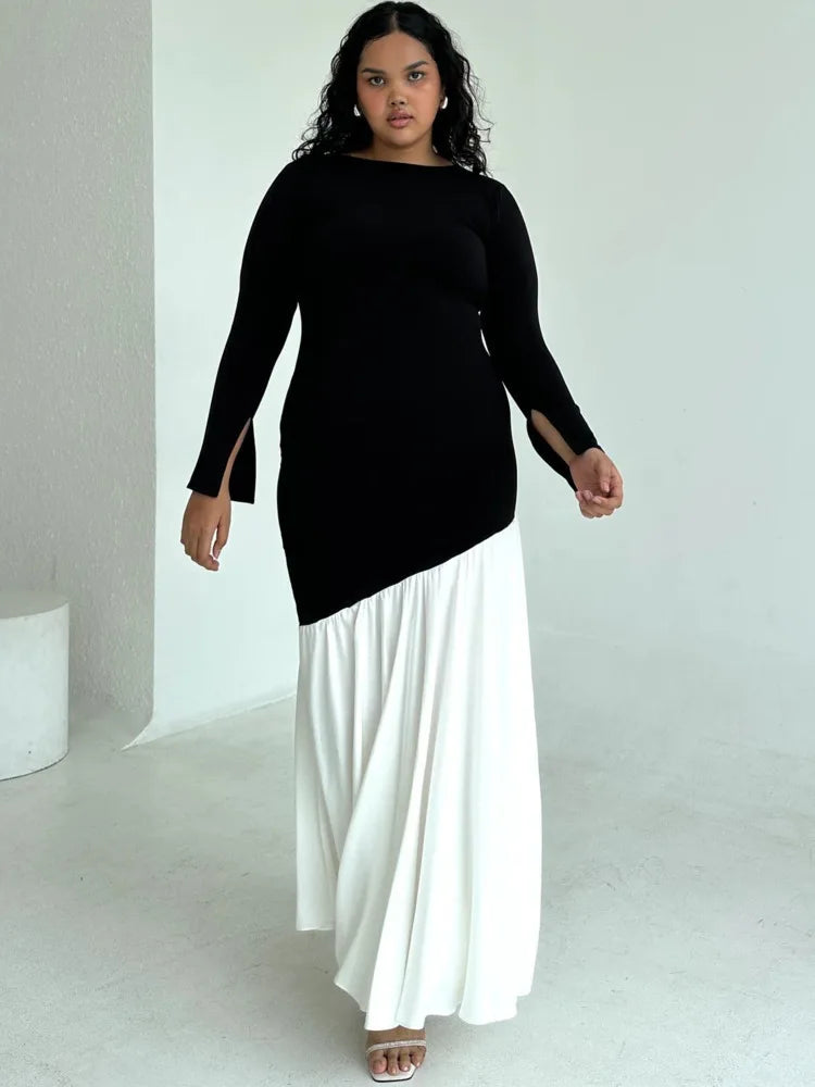 Fashion Long Sleeved Patchwork Bodycon Women Dress Round Neck Slim Elastic Autumn Winter New 2024 Pleated Maxi Vestido