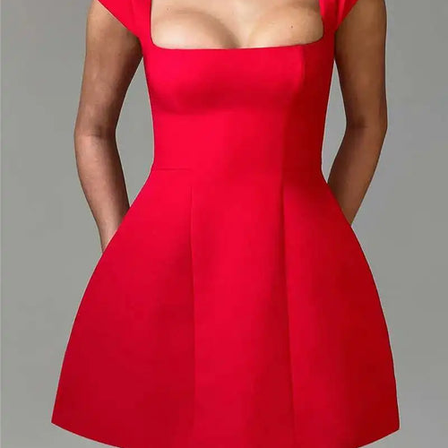 Load image into Gallery viewer, Square Collar Short Sleeve Mini Dress For Women Robe New Fashion Solid A-line Loose High Waist Short Dress Elegant
