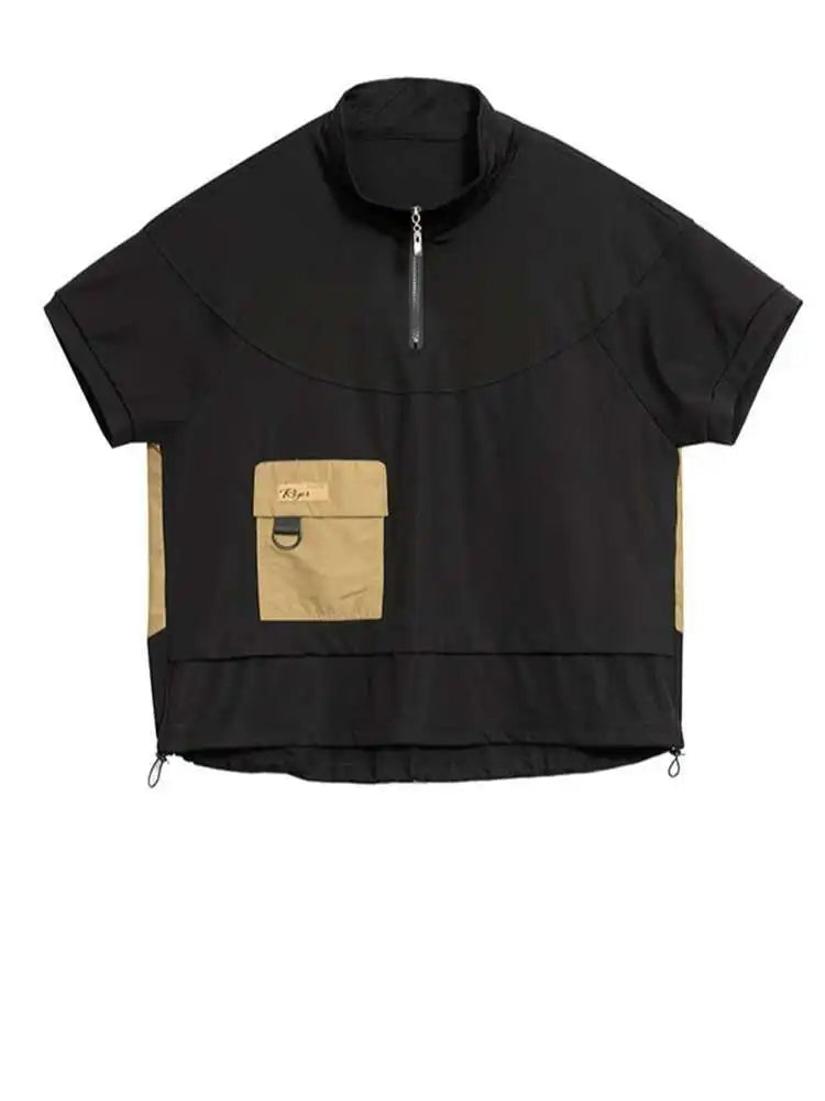 Women Yellow Pocket Drawstring Big Size T-shirt New Turtleneck Short Sleeve Fashion Tide Spring Summer 2025 1DJ0150