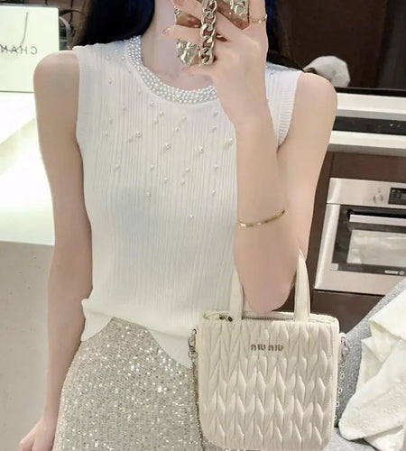 Vintage Solid Pearl Beaded Vest Women Sexy Club Elegant Chic Knitwear 2024 Summer Sleeveless O-neck Slim Tank Tops Popular Trend