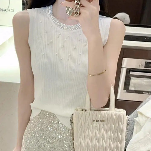 Load image into Gallery viewer, Vintage Solid Pearl Beaded Vest Women Sexy Club Elegant Chic Knitwear 2024 Summer Sleeveless O-neck Slim Tank Tops Popular Trend
