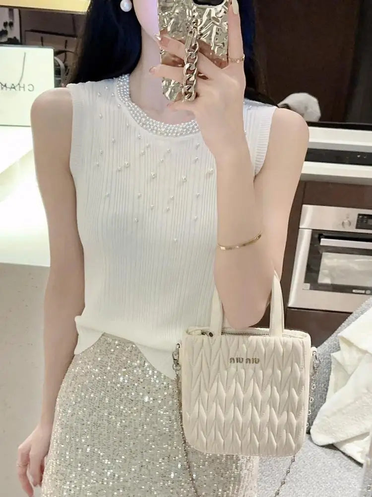 Vintage Solid Pearl Beaded Vest Women Sexy Club Elegant Chic Knitwear 2024 Summer Sleeveless O-neck Slim Tank Tops Popular Trend
