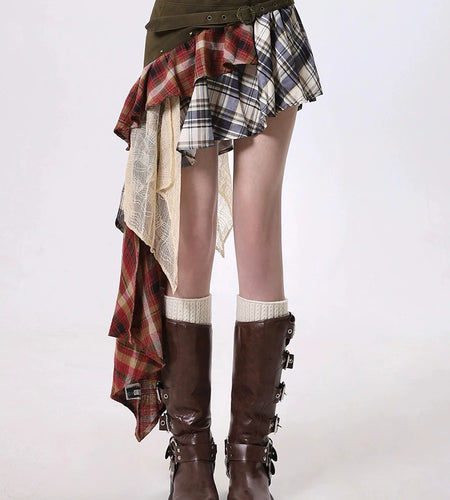 Hit Color Designer Loose Mini Skirts For Women High Waist Temperament Check Spliced Belt Skirt Female Fashion New