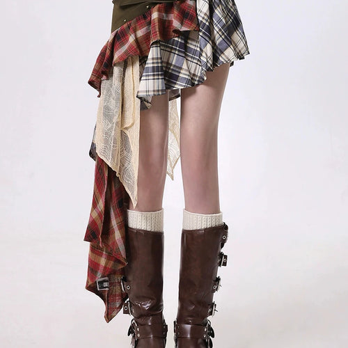 Load image into Gallery viewer, Hit Color Designer Loose Mini Skirts For Women High Waist Temperament Check Spliced Belt Skirt Female Fashion New
