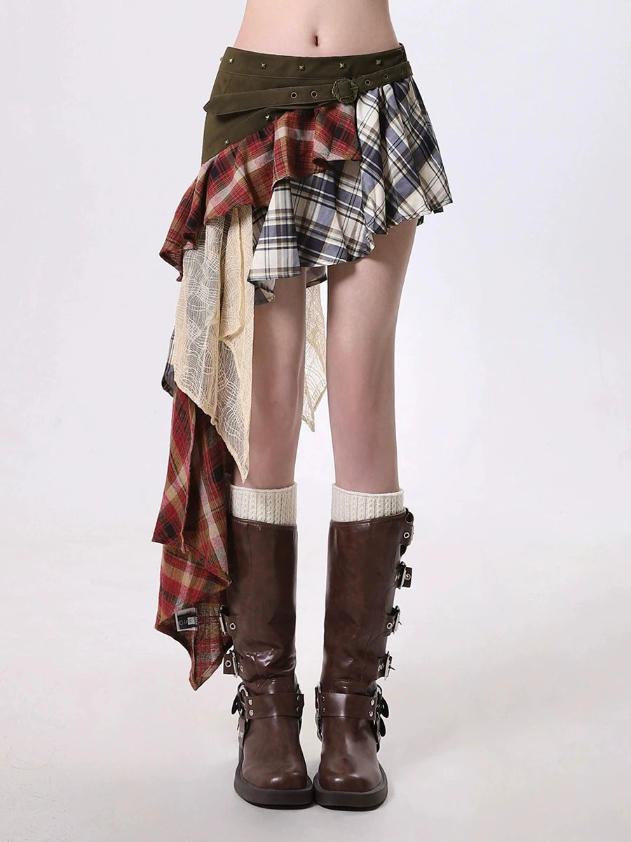 Hit Color Designer Loose Mini Skirts For Women High Waist Temperament Check Spliced Belt Skirt Female Fashion New